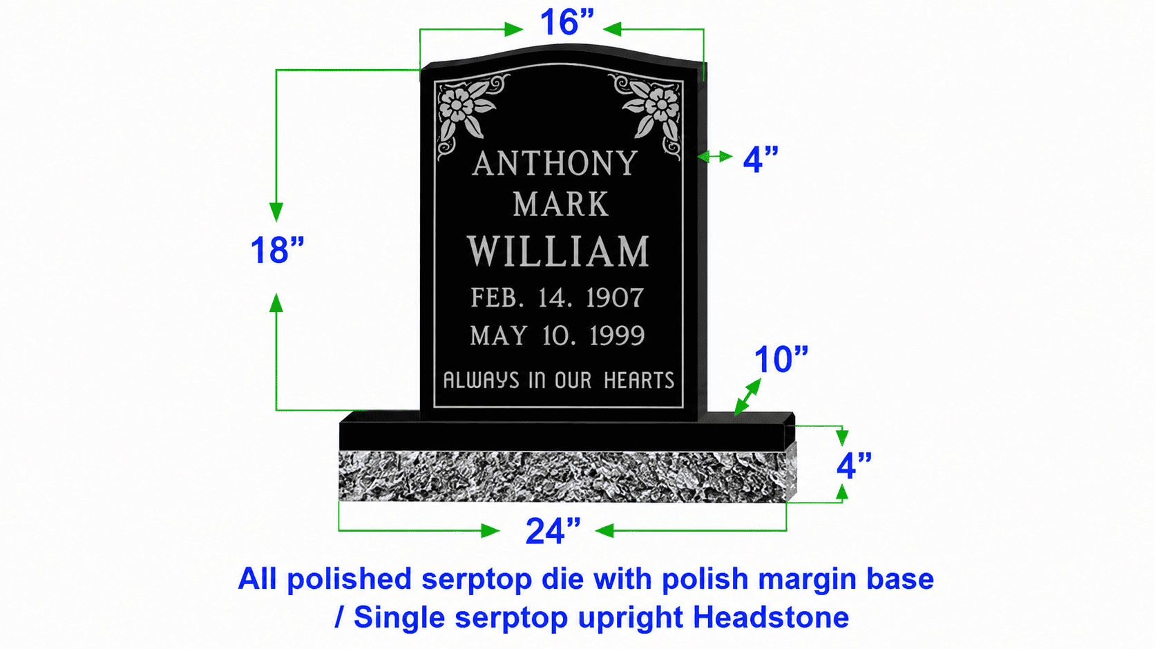 U104  Single Upright Serptop Headstone 16"x4"x18"   Top  with 24"x10"x4" Base