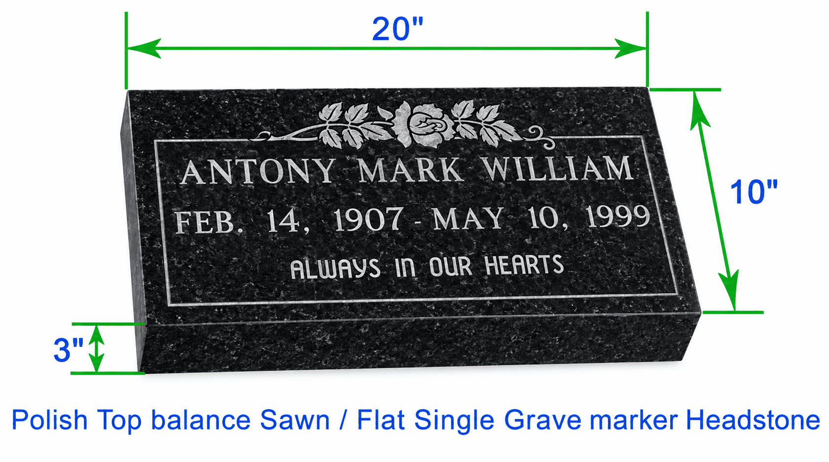 MF01 Flat Single Grave Marker Headstone 20"x10"x3" P1SWN