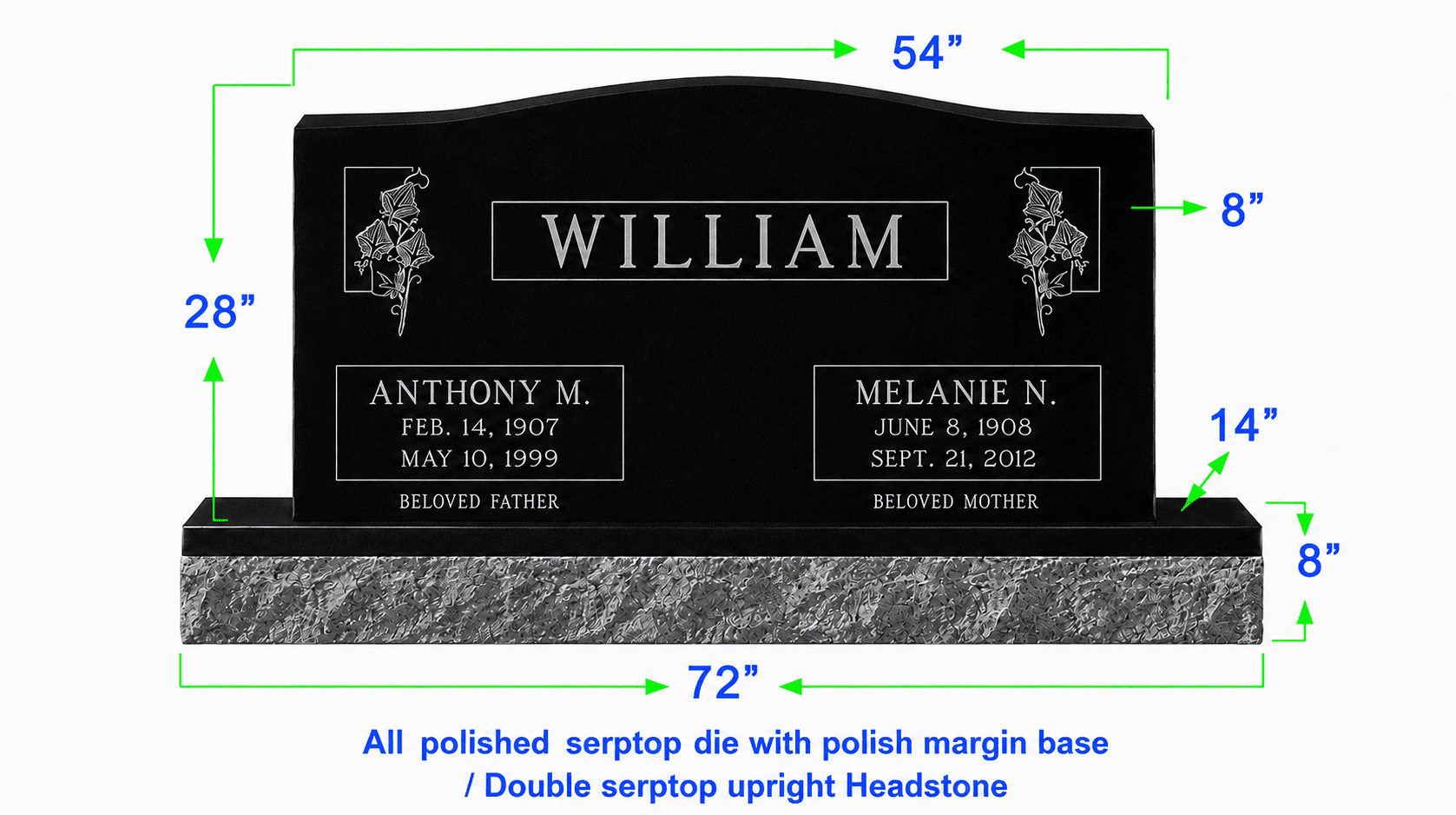 U104  Companion Upright Serptop Headstone 54"x8"x28"   Top  with 72"x14"x8" Base