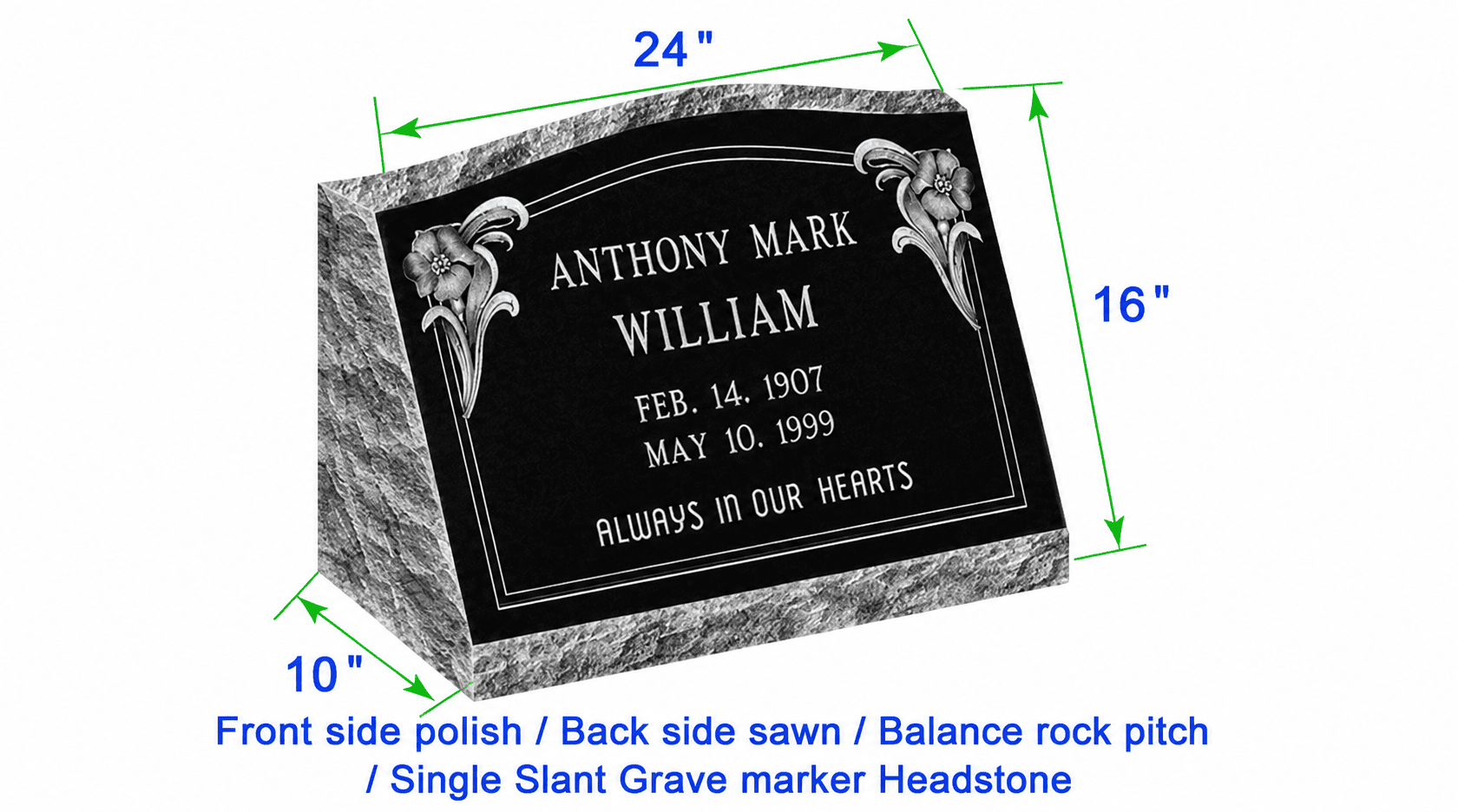 M104 Flat Single Slant Marker Headstone 24"x10"x16" P1BRP