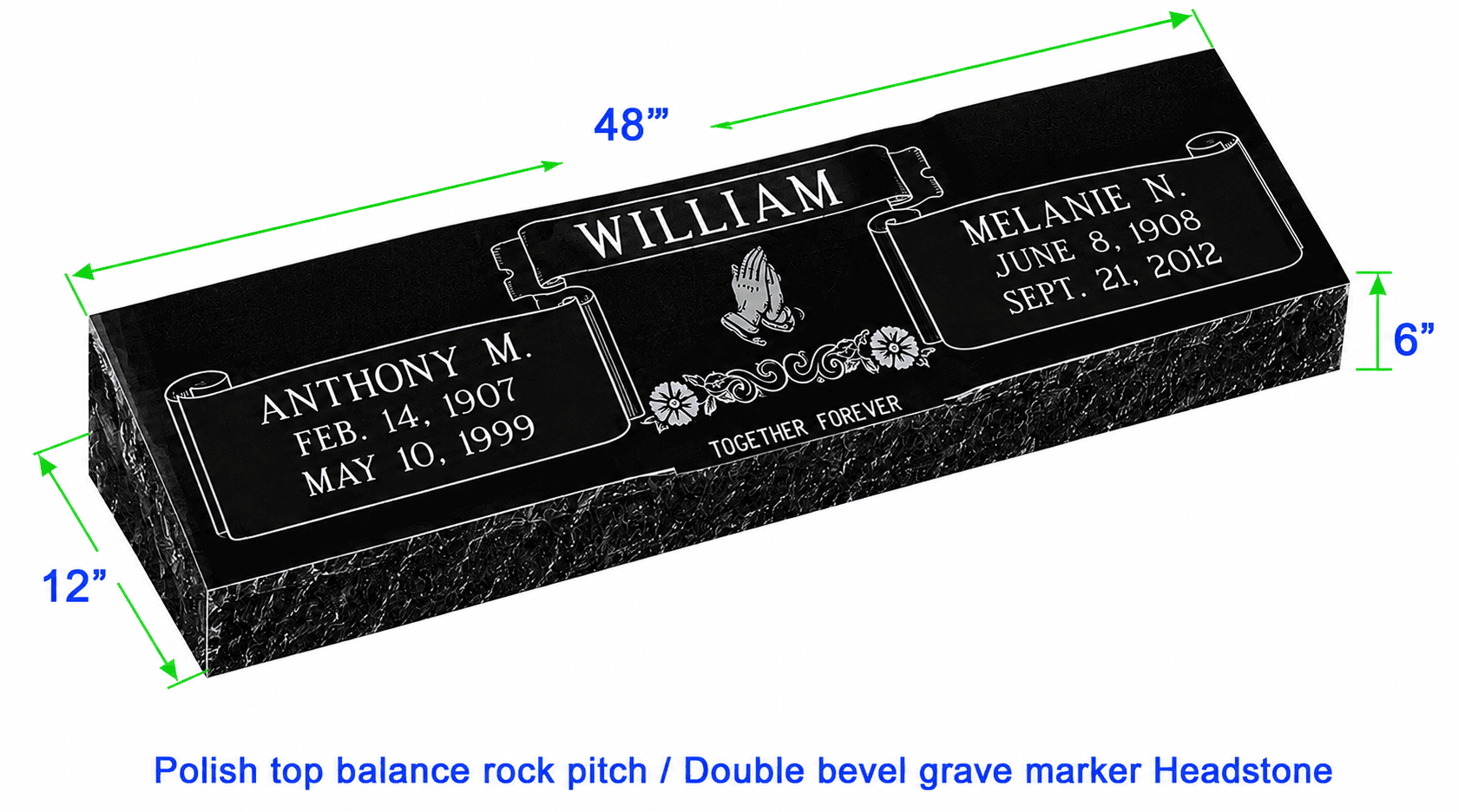 MB20 Flat Double Bevel Grave Marker Headstone 48"x12"x6" P1SWN