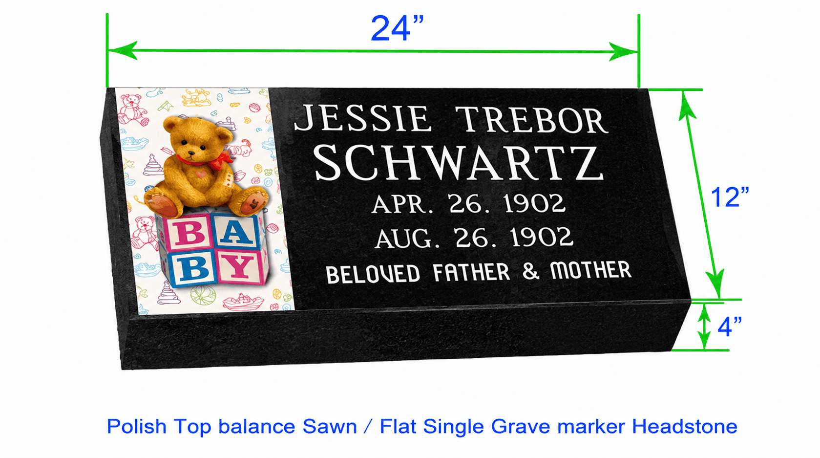 MF01 Flat Single Color Grave Marker Headstone 24"x12"x4" with 6"x12" color porcelain  P1SWN