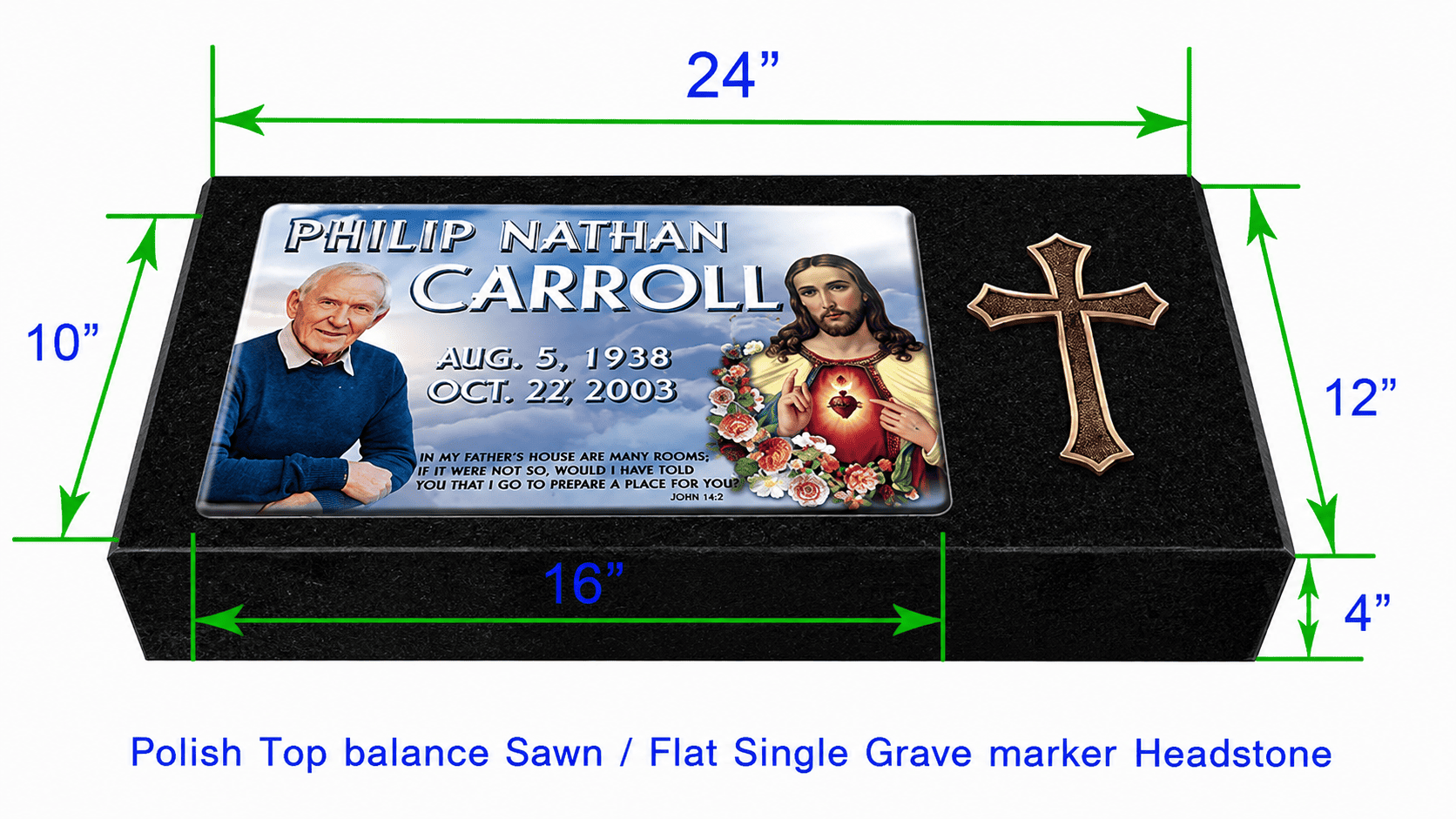 MF01 Flat Single Eternal Life Grave Marker Headstone 24"x12"x4" with 16"x10" color porcelain  P1SWN