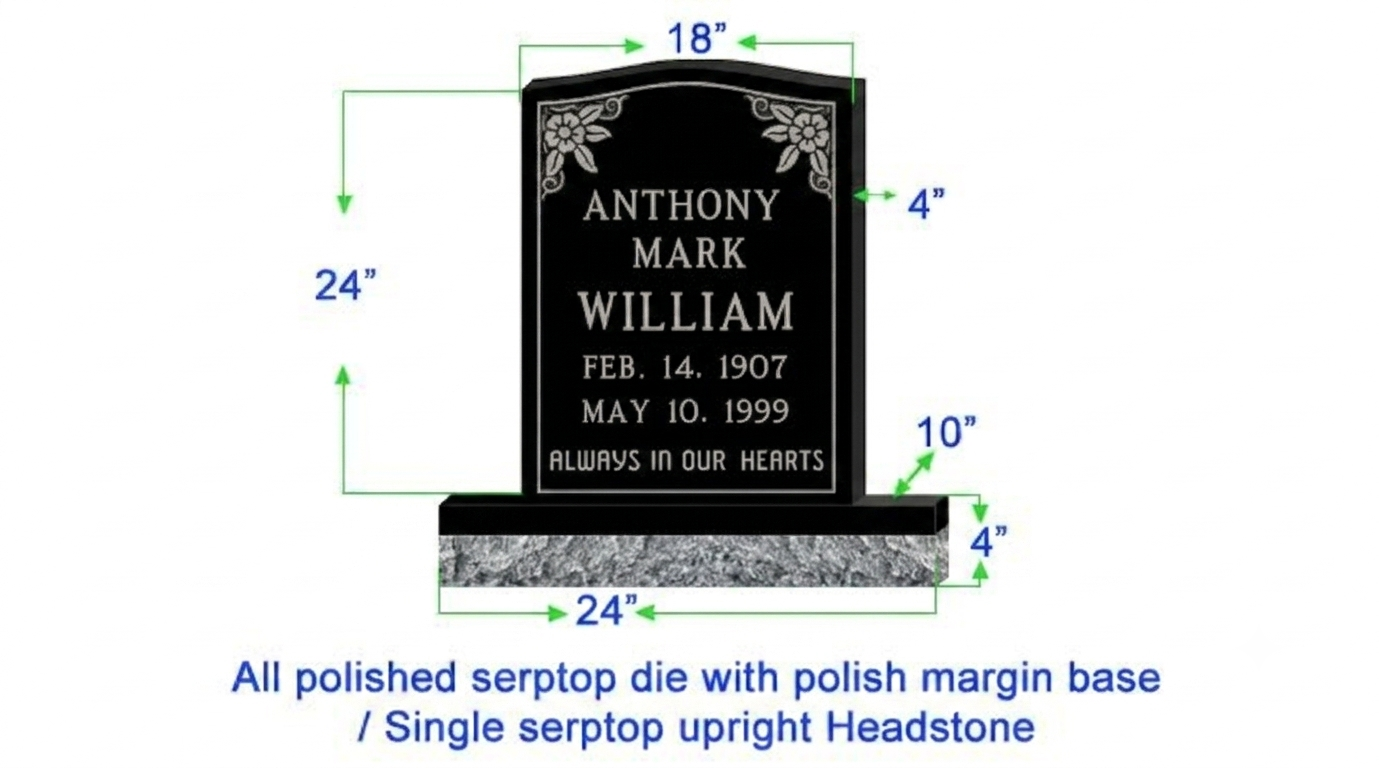 U104  Single Upright Serptop Headstone 18"x4"x24"   Top  with 24"x10"x4" Base