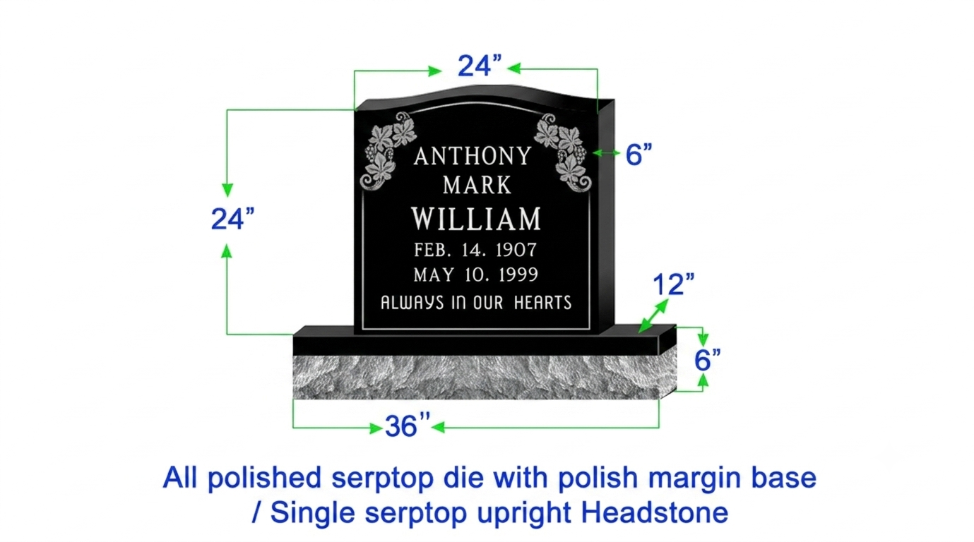 U104  Single Upright Serptop Headstone 24"x6"x24"   Top  with 36"x12"x6" Base