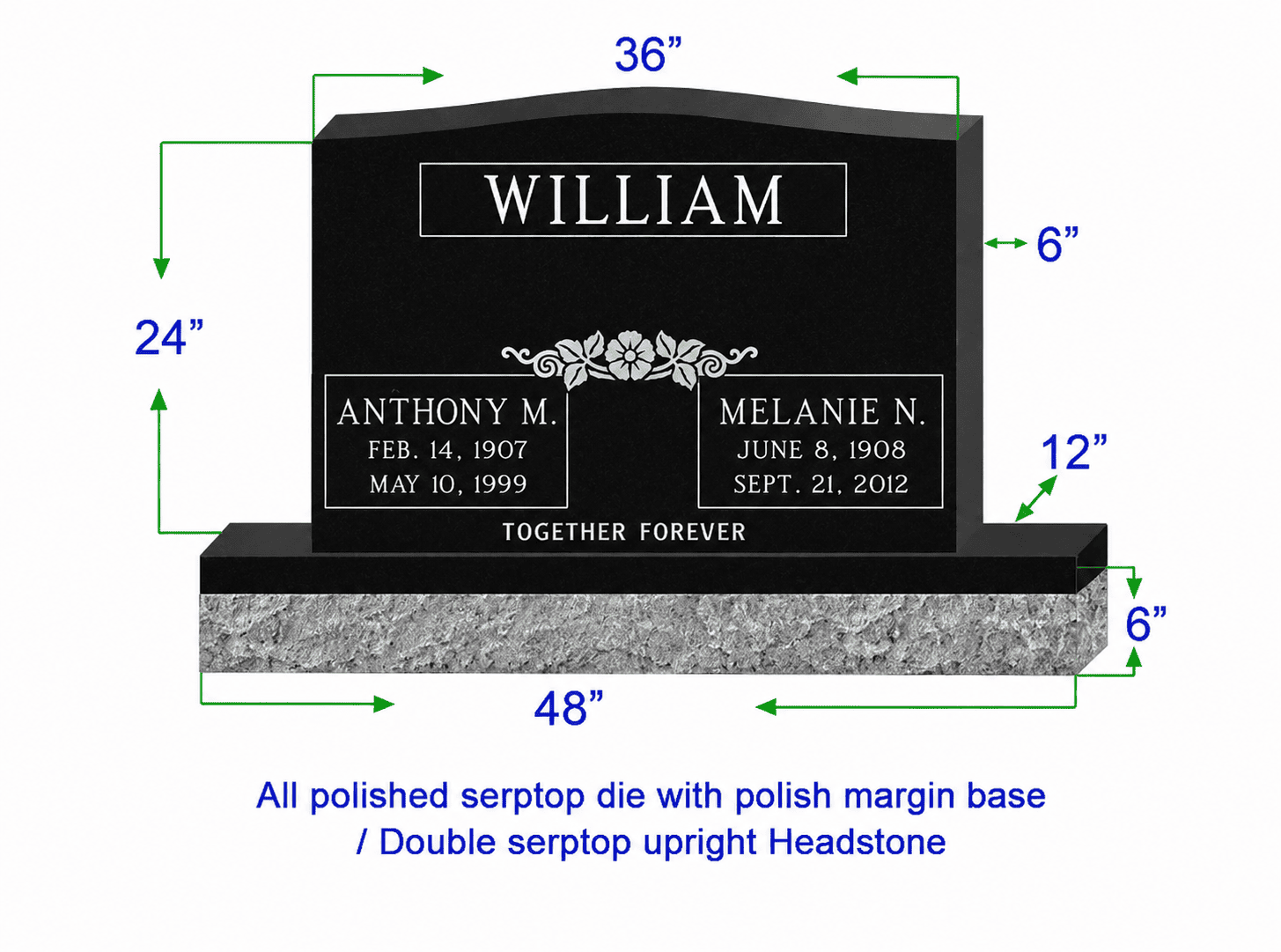 U104  Companion Upright Serptop Headstone 36"x6"x24"   Top  with 48"x12"x6" Base