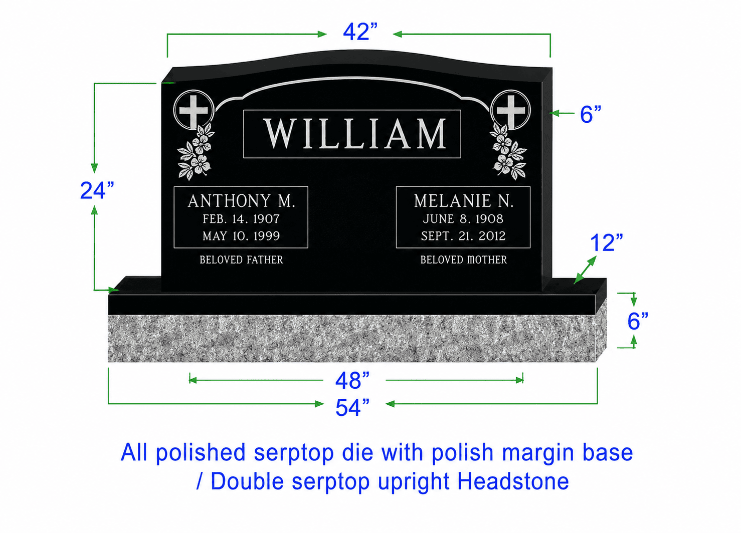 U104  Companion Upright Serptop Headstone 42"x6"x24"   Top  with 54"x12"x6" Base