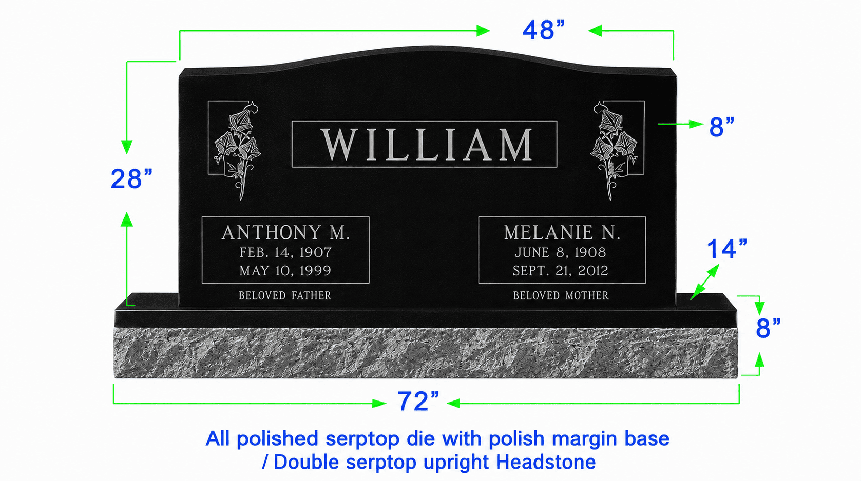 U104  Companion Upright Serptop Headstone 48"x8"x24"   Top  with 72"x14"x8" Base